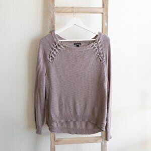 Express Sz Petite Small Taupe Sweater Lace-Up Shoulder Knit Pullover Long Sleeve